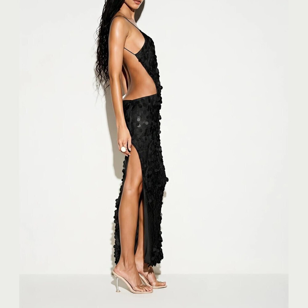 Black Paillette Sequin Cutout Slit Backless Maxi Dress